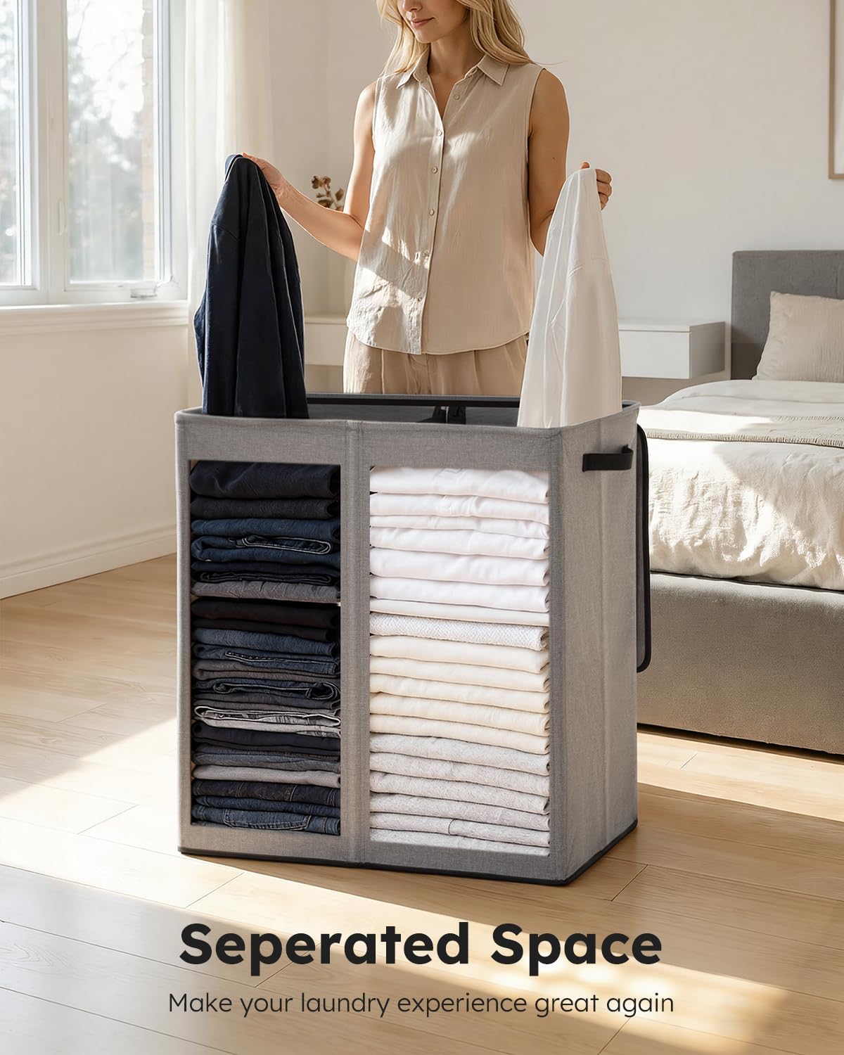 Luxury Double Laundry Hamper with Lid and Removable Bags, 38.3 Gal Large Laundry Bin, Laundry Basket 2 Sections, Collapsible Clothes Hamper for Bedroom, Laundry Room, Bathroom, Off-white