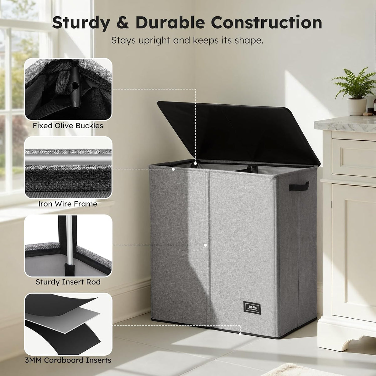 Luxury Double Laundry Hamper with Lid and Removable Bags, 38.3 Gal Large Laundry Bin, Laundry Basket 2 Sections, Collapsible Clothes Hamper for Bedroom, Laundry Room, Bathroom, Off-white