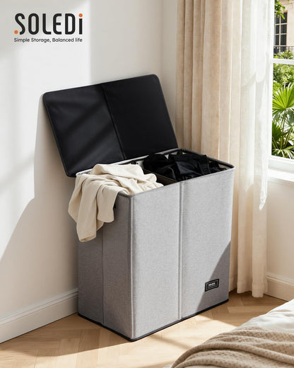 Luxury Double Laundry Hamper with Lid and Removable Bags, 38.3 Gal Large Laundry Bin, Laundry Basket 2 Sections, Collapsible Clothes Hamper for Bedroom, Laundry Room, Bathroom, Off-white