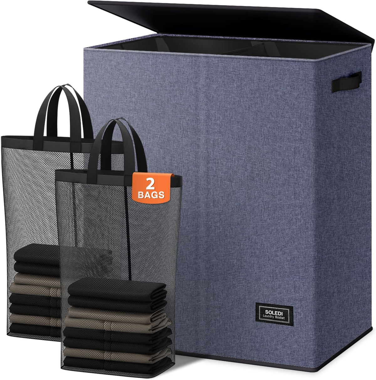 Luxury Double Laundry Hamper with Lid and Removable Bags, 38.3 Gal Large Laundry Bin, Laundry Basket 2 Sections, Collapsible Clothes Hamper for Bedroom, Laundry Room, Bathroom, Off-white