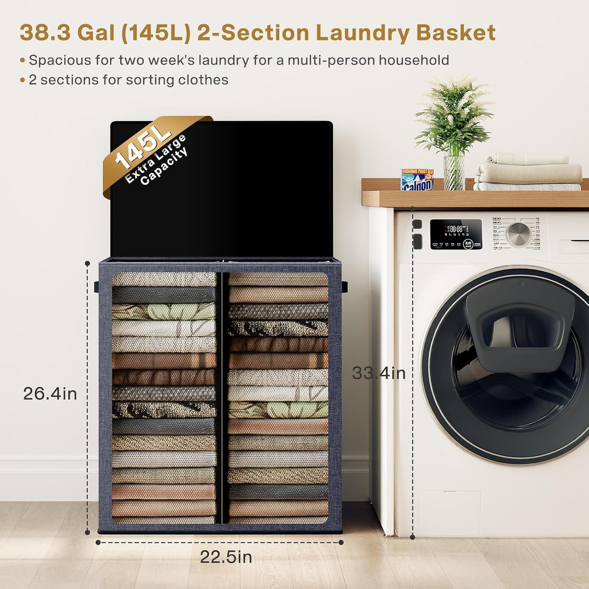 Luxury Double Laundry Hamper with Lid and Removable Bags, 38.3 Gal Large Laundry Bin, Laundry Basket 2 Sections, Collapsible Clothes Hamper for Bedroom, Laundry Room, Bathroom, Off-white