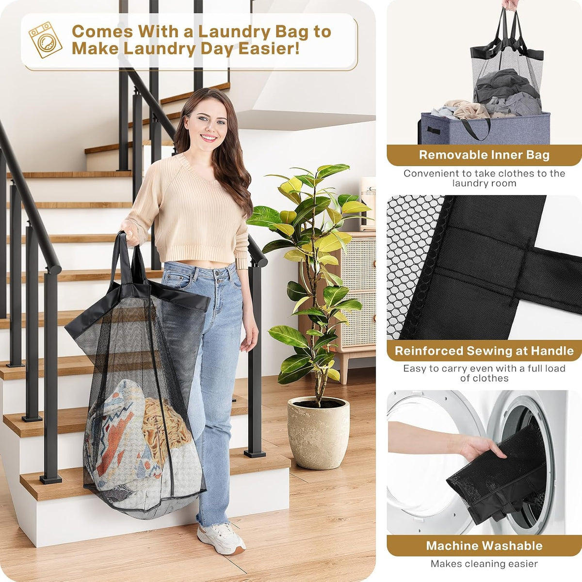 Luxury Double Laundry Hamper with Lid and Removable Bags, 38.3 Gal Large Laundry Bin, Laundry Basket 2 Sections, Collapsible Clothes Hamper for Bedroom, Laundry Room, Bathroom, Off-white