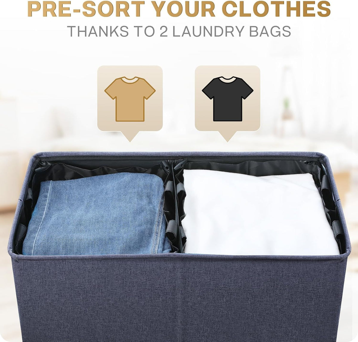 Luxury Double Laundry Hamper with Lid and Removable Bags, 38.3 Gal Large Laundry Bin, Laundry Basket 2 Sections, Collapsible Clothes Hamper for Bedroom, Laundry Room, Bathroom, Off-white