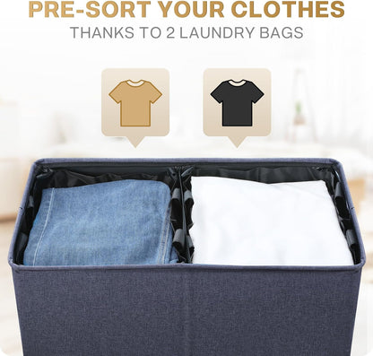 Luxury Double Laundry Hamper with Lid and Removable Bags, 38.3 Gal Large Laundry Bin, Laundry Basket 2 Sections, Collapsible Clothes Hamper for Bedroom, Laundry Room, Bathroom, Off-white