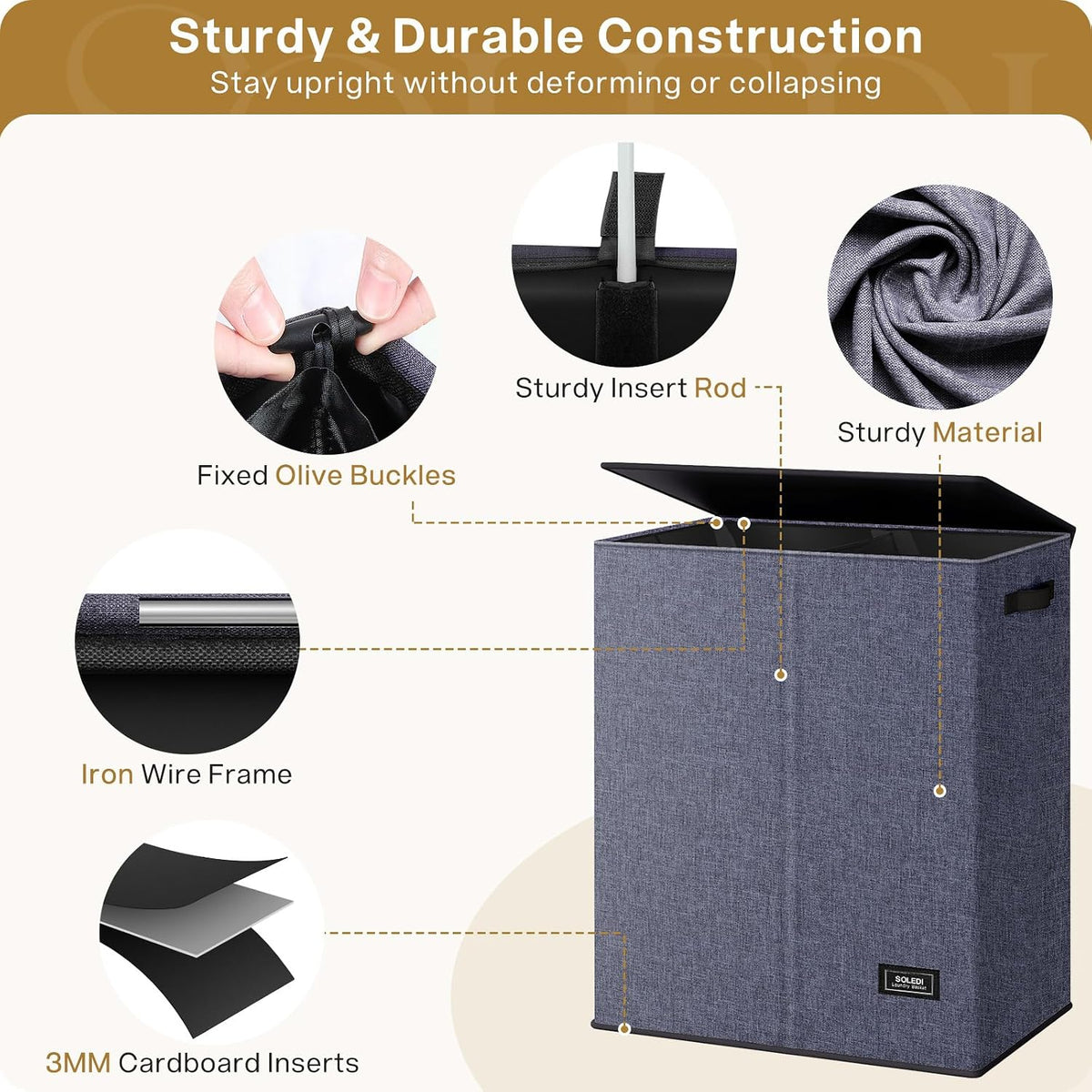 Luxury Double Laundry Hamper with Lid and Removable Bags, 38.3 Gal Large Laundry Bin, Laundry Basket 2 Sections, Collapsible Clothes Hamper for Bedroom, Laundry Room, Bathroom, Off-white