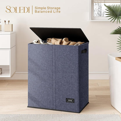 Luxury Double Laundry Hamper with Lid and Removable Bags, 38.3 Gal Large Laundry Bin, Laundry Basket 2 Sections, Collapsible Clothes Hamper for Bedroom, Laundry Room, Bathroom, Off-white