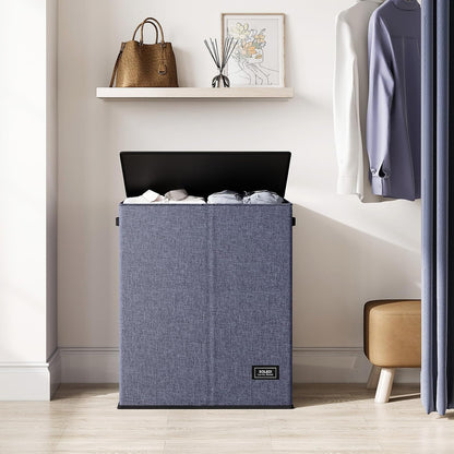 Luxury Double Laundry Hamper with Lid and Removable Bags, 38.3 Gal Large Laundry Bin, Laundry Basket 2 Sections, Collapsible Clothes Hamper for Bedroom, Laundry Room, Bathroom, Off-white