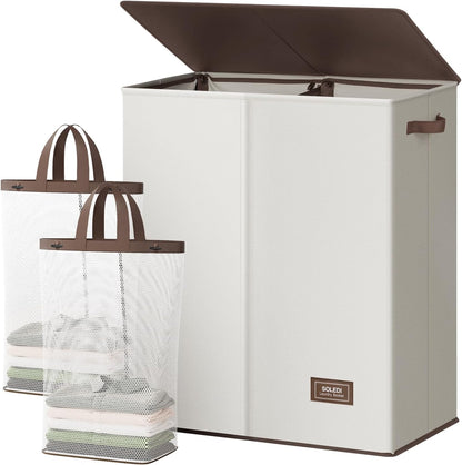 Luxury Double Laundry Hamper with Lid and Removable Bags, 38.3 Gal Large Laundry Bin, Laundry Basket 2 Sections, Collapsible Clothes Hamper for Bedroom, Laundry Room, Bathroom, Off-white