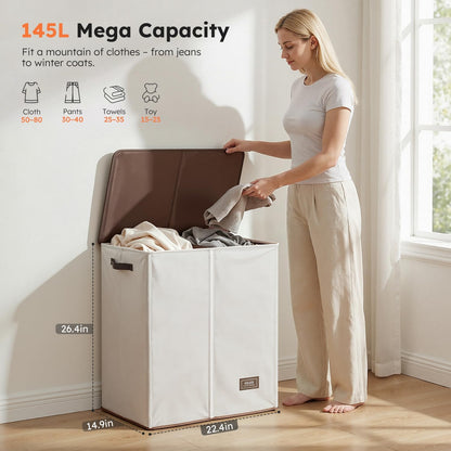 Luxury Double Laundry Hamper with Lid and Removable Bags, 38.3 Gal Large Laundry Bin, Laundry Basket 2 Sections, Collapsible Clothes Hamper for Bedroom, Laundry Room, Bathroom, Off-white