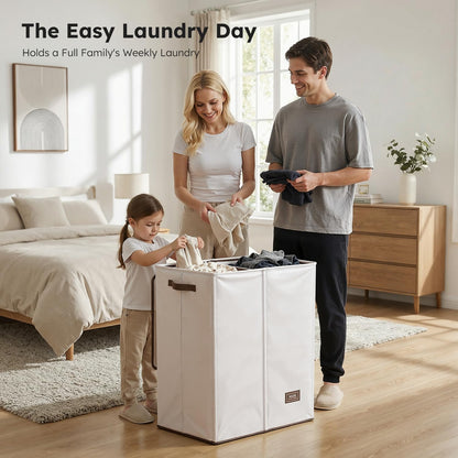 Luxury Double Laundry Hamper with Lid and Removable Bags, 38.3 Gal Large Laundry Bin, Laundry Basket 2 Sections, Collapsible Clothes Hamper for Bedroom, Laundry Room, Bathroom, Off-white