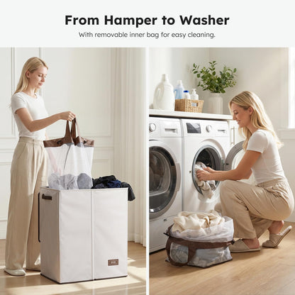Luxury Double Laundry Hamper with Lid and Removable Bags, 38.3 Gal Large Laundry Bin, Laundry Basket 2 Sections, Collapsible Clothes Hamper for Bedroom, Laundry Room, Bathroom, Off-white