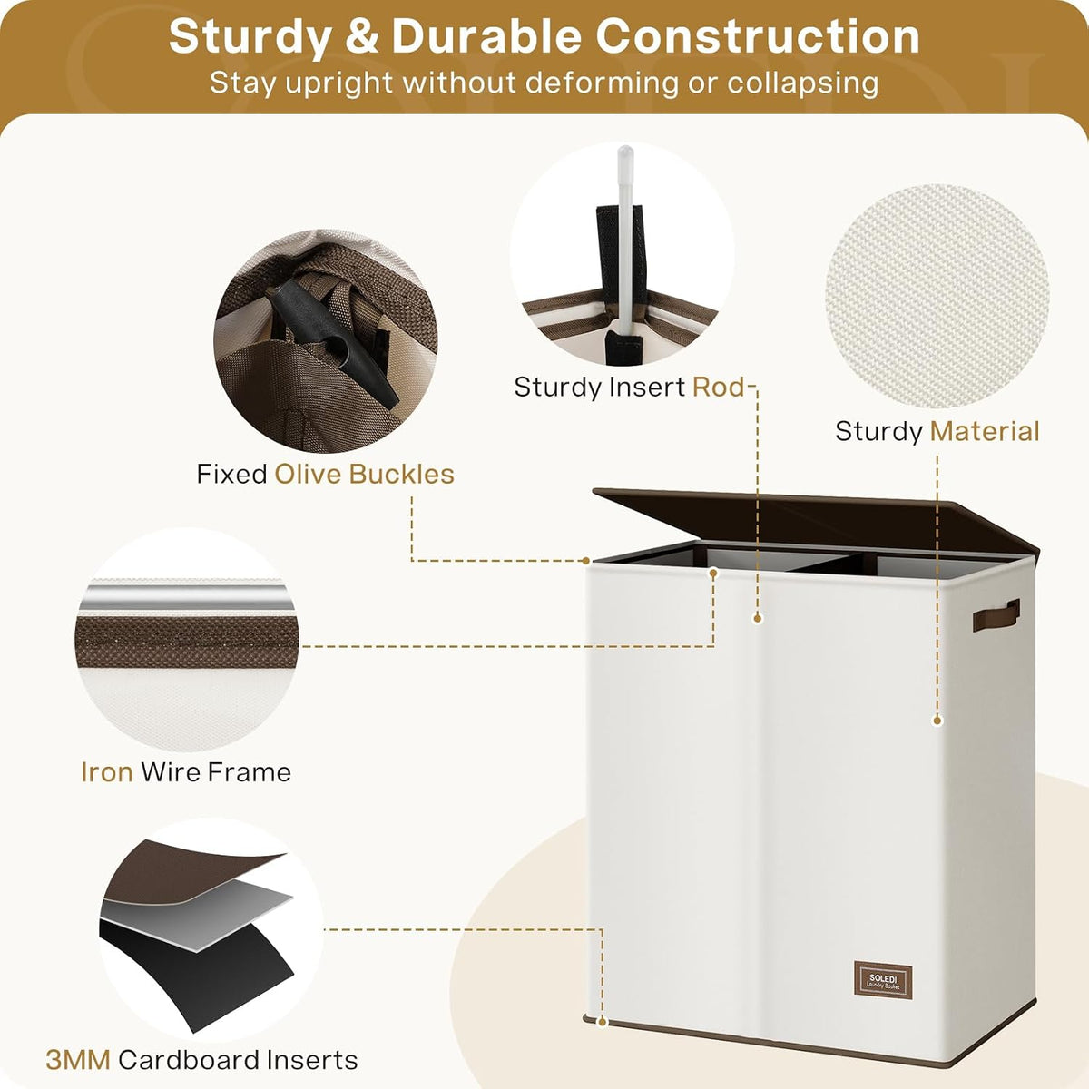Luxury Double Laundry Hamper with Lid and Removable Bags, 38.3 Gal Large Laundry Bin, Laundry Basket 2 Sections, Collapsible Clothes Hamper for Bedroom, Laundry Room, Bathroom, Off-white