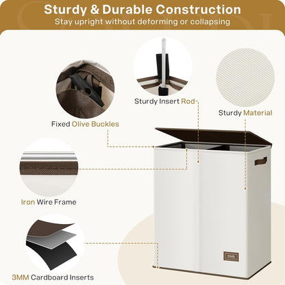 Luxury Double Laundry Hamper with Lid and Removable Bags, 38.3 Gal Large Laundry Bin, Laundry Basket 2 Sections, Collapsible Clothes Hamper for Bedroom, Laundry Room, Bathroom, Off-white