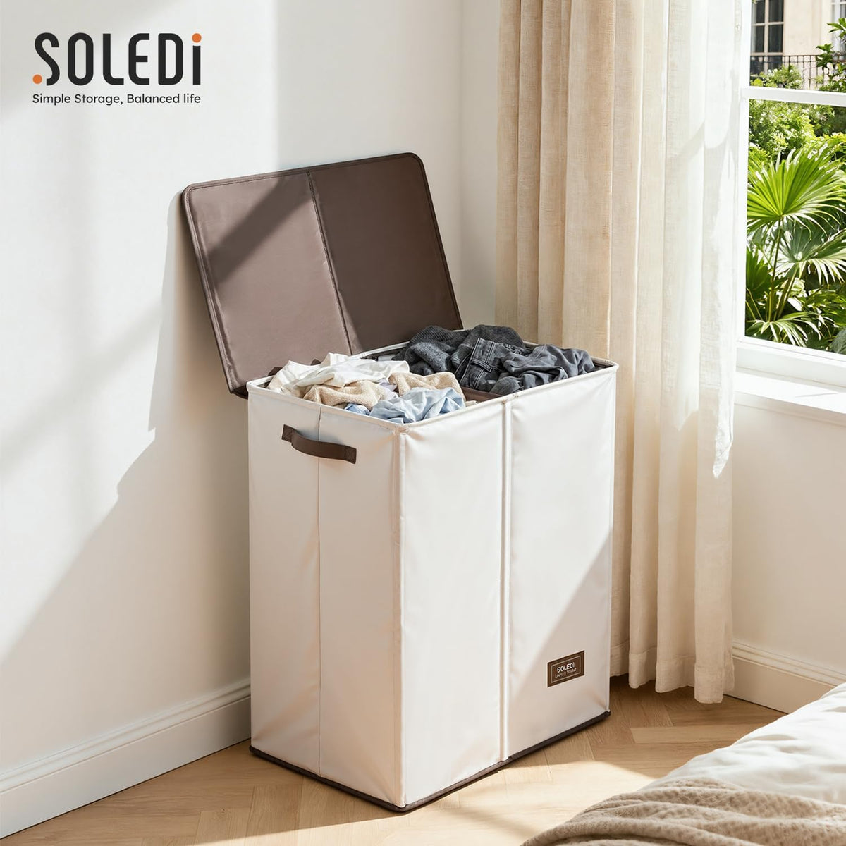 Luxury Double Laundry Hamper with Lid and Removable Bags, 38.3 Gal Large Laundry Bin, Laundry Basket 2 Sections, Collapsible Clothes Hamper for Bedroom, Laundry Room, Bathroom, Off-white