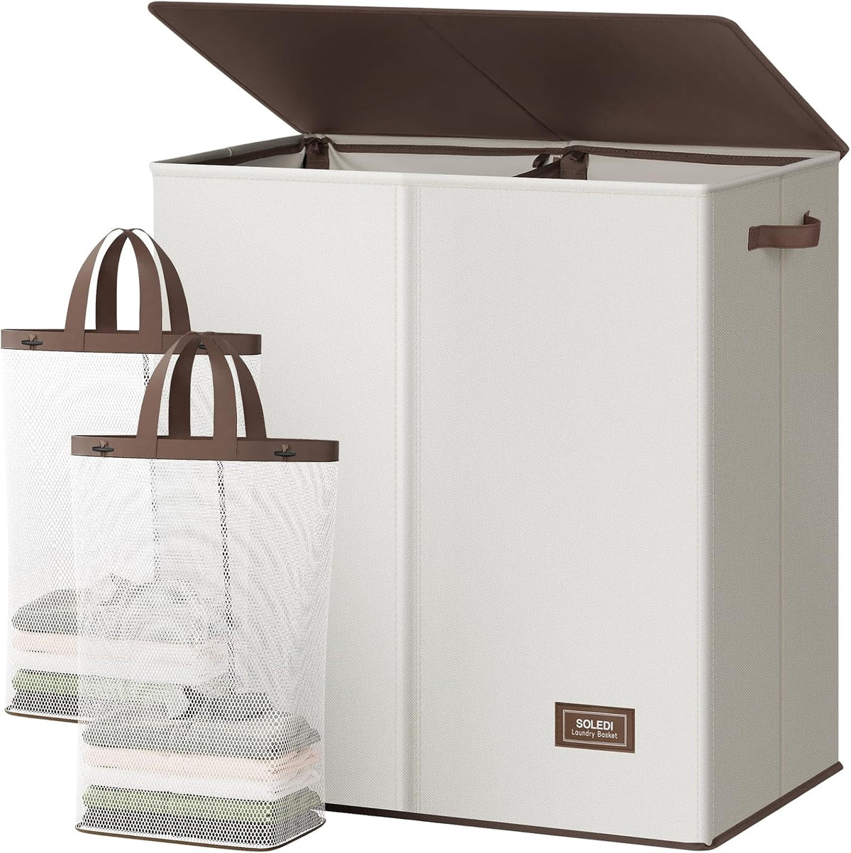 Luxury Double Laundry Hamper with Lid and Removable Bags, 38.3 Gal Large Laundry Bin, Laundry Basket 2 Sections, Collapsible Clothes Hamper for Bedroom, Laundry Room, Bathroom, Off-white