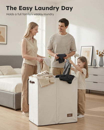 Luxury Double Laundry Hamper with Lid and Removable Bags, 38.3 Gal Large Laundry Bin, Laundry Basket 2 Sections, Collapsible Clothes Hamper for Bedroom, Laundry Room, Bathroom, Off-white