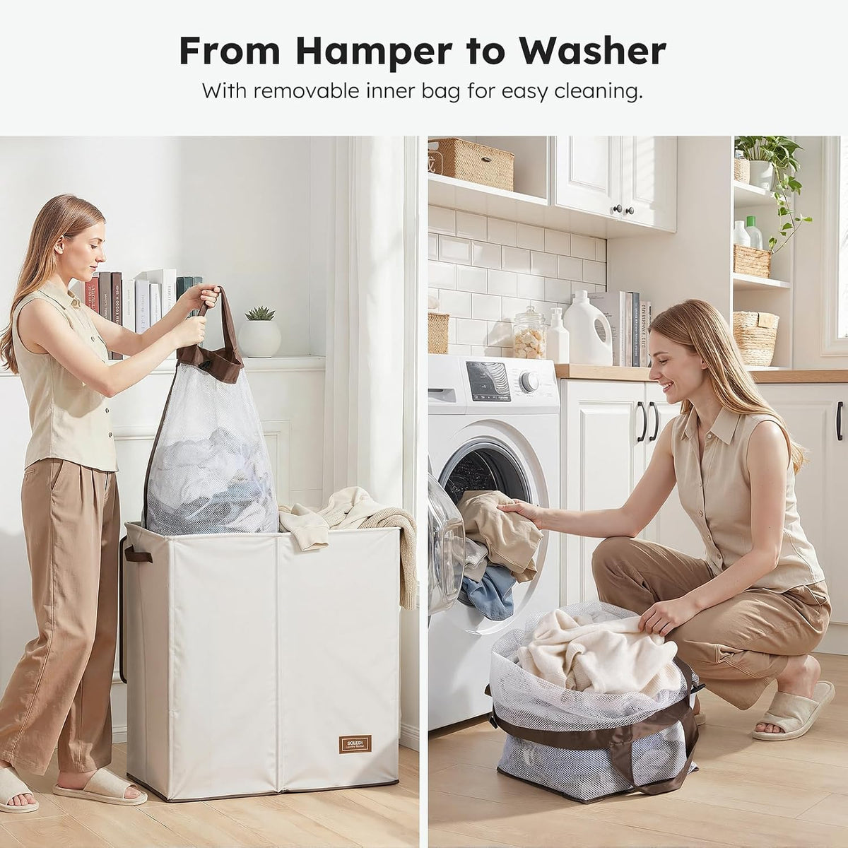 Luxury Double Laundry Hamper with Lid and Removable Bags, 38.3 Gal Large Laundry Bin, Laundry Basket 2 Sections, Collapsible Clothes Hamper for Bedroom, Laundry Room, Bathroom, Off-white