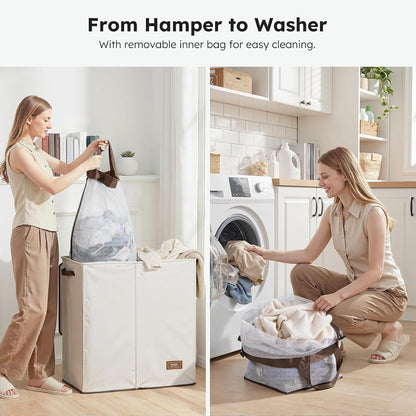 Luxury Double Laundry Hamper with Lid and Removable Bags, 38.3 Gal Large Laundry Bin, Laundry Basket 2 Sections, Collapsible Clothes Hamper for Bedroom, Laundry Room, Bathroom, Off-white