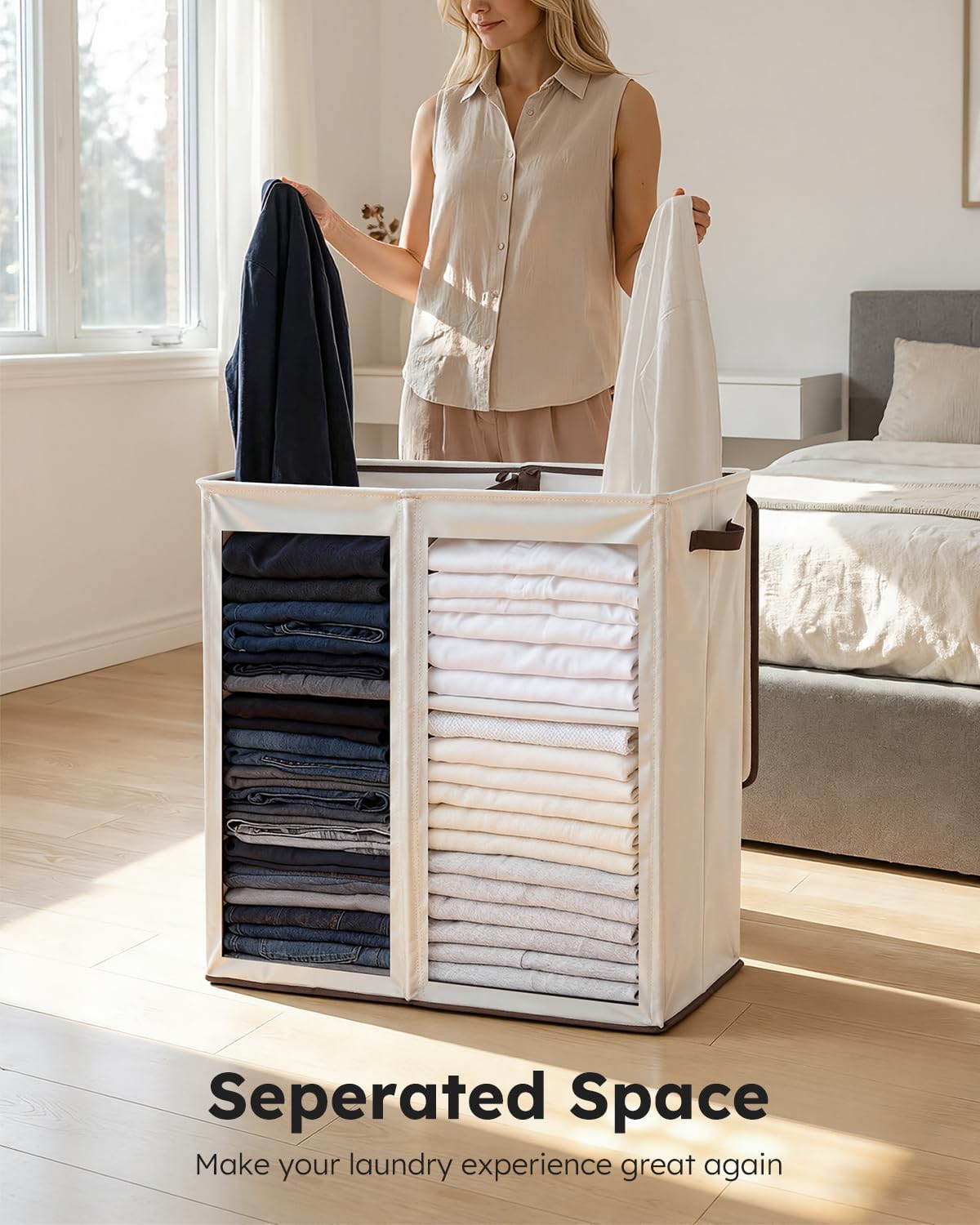 Luxury Double Laundry Hamper with Lid and Removable Bags, 38.3 Gal Large Laundry Bin, Laundry Basket 2 Sections, Collapsible Clothes Hamper for Bedroom, Laundry Room, Bathroom, Off-white