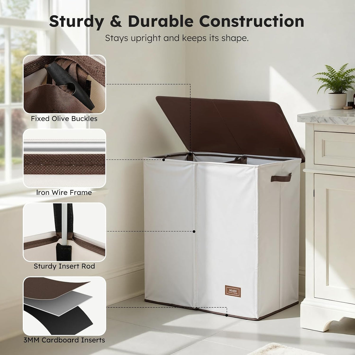 Luxury Double Laundry Hamper with Lid and Removable Bags, 38.3 Gal Large Laundry Bin, Laundry Basket 2 Sections, Collapsible Clothes Hamper for Bedroom, Laundry Room, Bathroom, Off-white