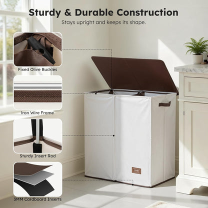 Luxury Double Laundry Hamper with Lid and Removable Bags, 38.3 Gal Large Laundry Bin, Laundry Basket 2 Sections, Collapsible Clothes Hamper for Bedroom, Laundry Room, Bathroom, Off-white