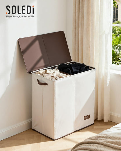 Luxury Double Laundry Hamper with Lid and Removable Bags, 38.3 Gal Large Laundry Bin, Laundry Basket 2 Sections, Collapsible Clothes Hamper for Bedroom, Laundry Room, Bathroom, Off-white