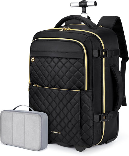 Rolling Backpack for Women, Wheeled Backpack with Packing Cube, Travel Back pack with Wheels, Carry On Suitcase Bag 17 Inch Large Roller Daypack, Champagne