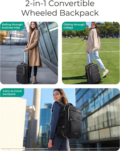 Rolling Backpack for Women, Wheeled Backpack with Packing Cube, Travel Back pack with Wheels, Carry On Suitcase Bag 17 Inch Large Roller Daypack, Champagne