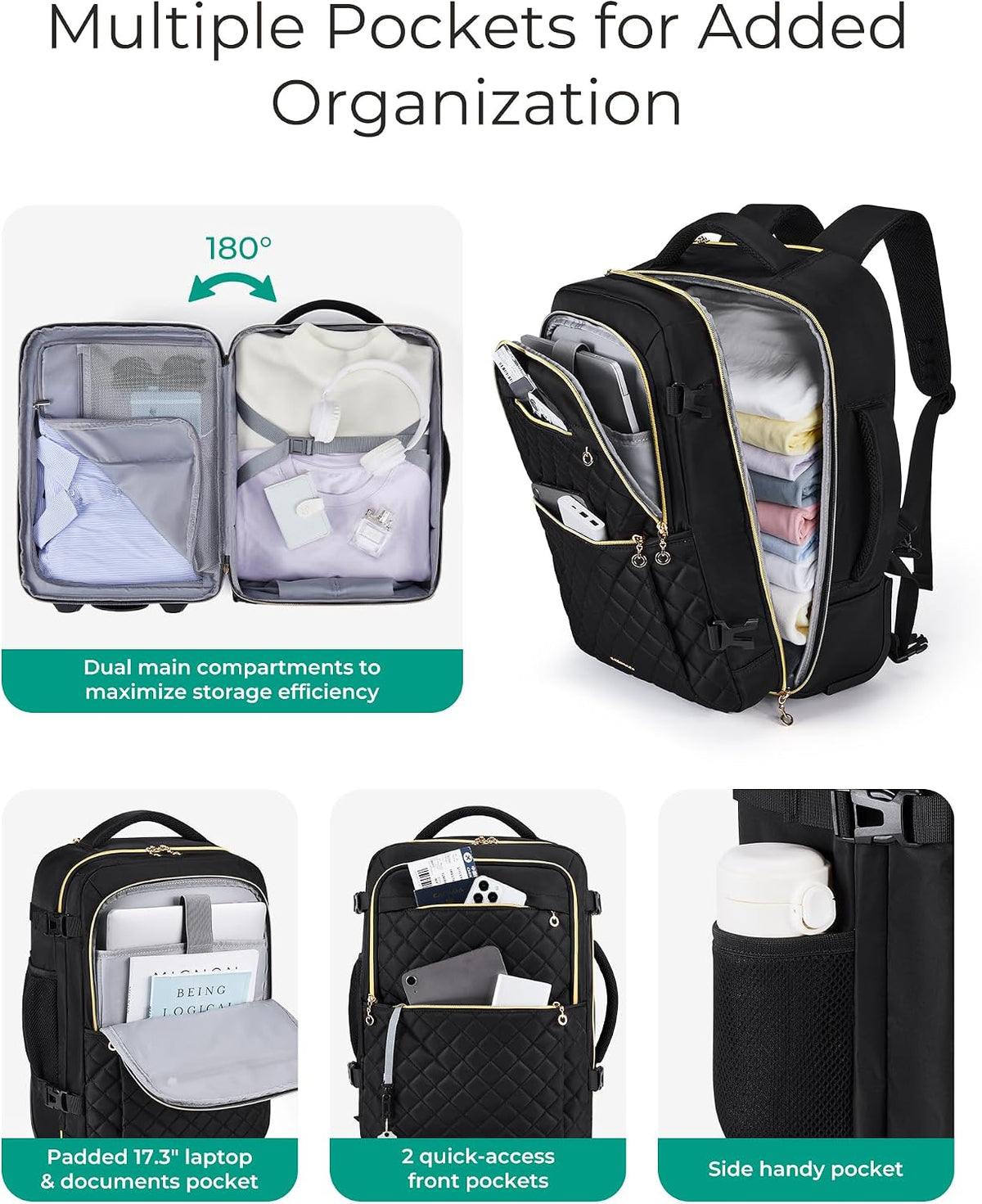 Rolling Backpack for Women, Wheeled Backpack with Packing Cube, Travel Back pack with Wheels, Carry On Suitcase Bag 17 Inch Large Roller Daypack, Champagne