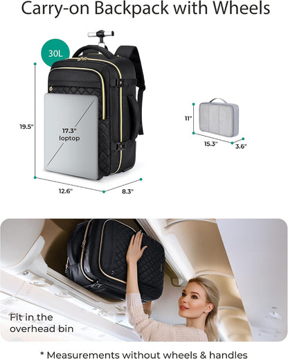 Rolling Backpack for Women, Wheeled Backpack with Packing Cube, Travel Back pack with Wheels, Carry On Suitcase Bag 17 Inch Large Roller Daypack, Champagne