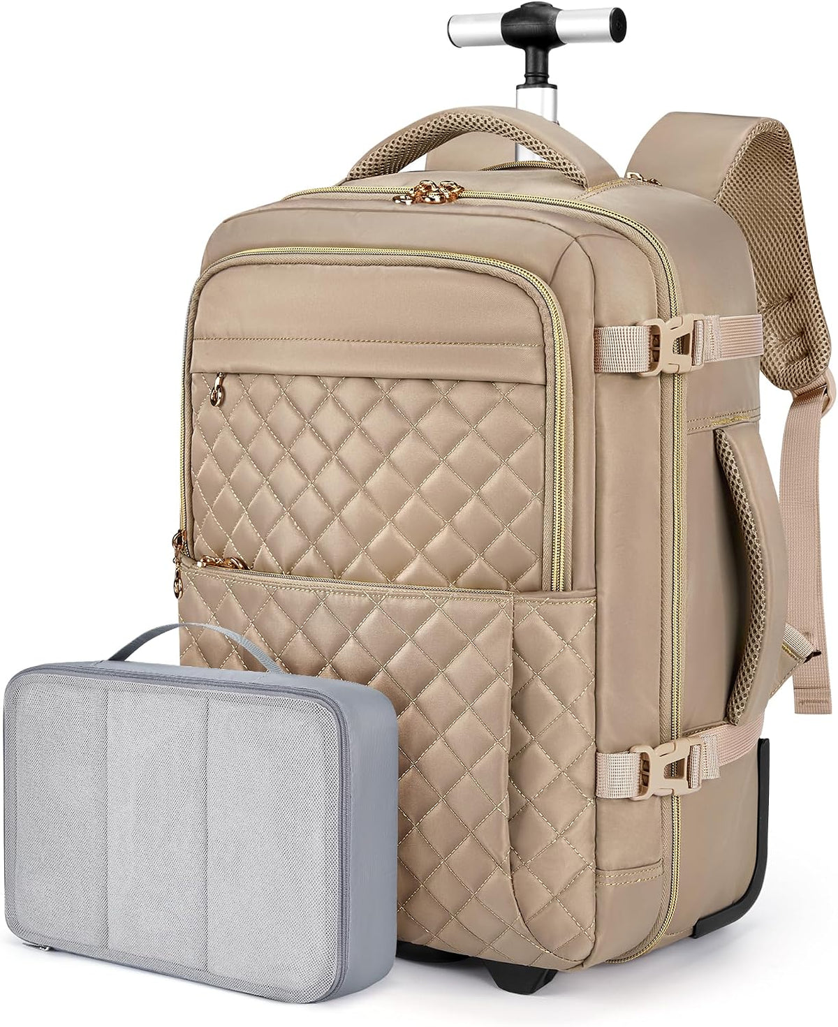 Rolling Backpack for Women, Wheeled Backpack with Packing Cube, Travel Back pack with Wheels, Carry On Suitcase Bag 17 Inch Large Roller Daypack, Champagne