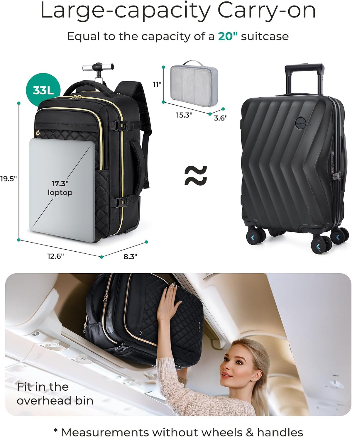 Rolling Backpack for Women, Wheeled Backpack with Packing Cube, Travel Back pack with Wheels, Carry On Suitcase Bag 17 Inch Large Roller Daypack, Champagne
