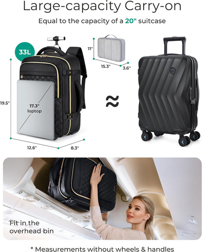 Rolling Backpack for Women, Wheeled Backpack with Packing Cube, Travel Back pack with Wheels, Carry On Suitcase Bag 17 Inch Large Roller Daypack, Champagne