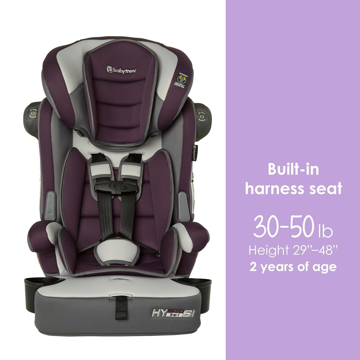 Hybrid SI 3-in-1 Combination Booster Seat, Dash Plum – Side-Impact Protection, 3-Stage Growth Design, Adjustable Headrest, Cushioned Comfort