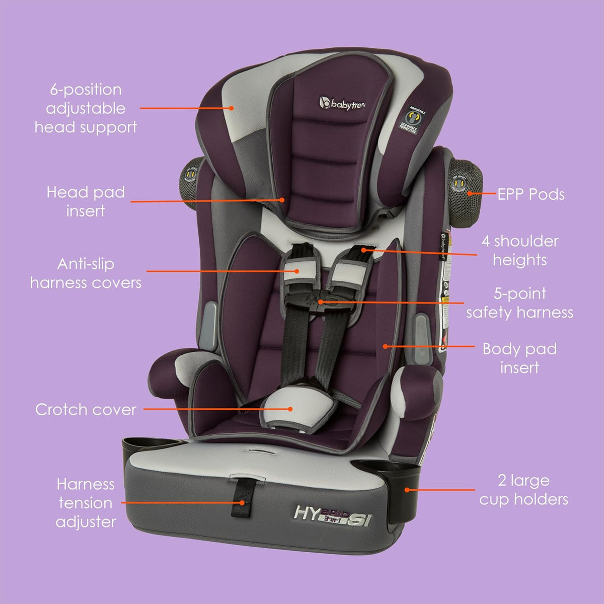 Hybrid SI 3-in-1 Combination Booster Seat, Dash Plum – Side-Impact Protection, 3-Stage Growth Design, Adjustable Headrest, Cushioned Comfort