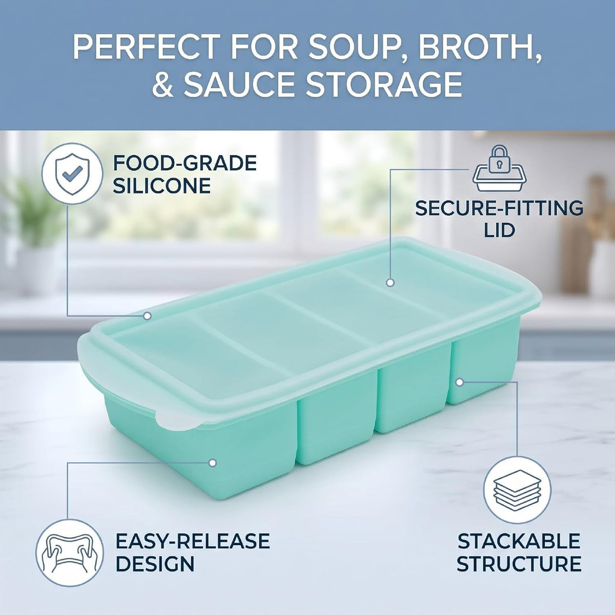 Silicone Freezer Tray with Lid, Large Ice Cube Mold for Soup Broth Sauce Storage Easy Release Flexible Base for Meal Prep and Portion Control(2 Cup and 4 Cup) (2PCS)
