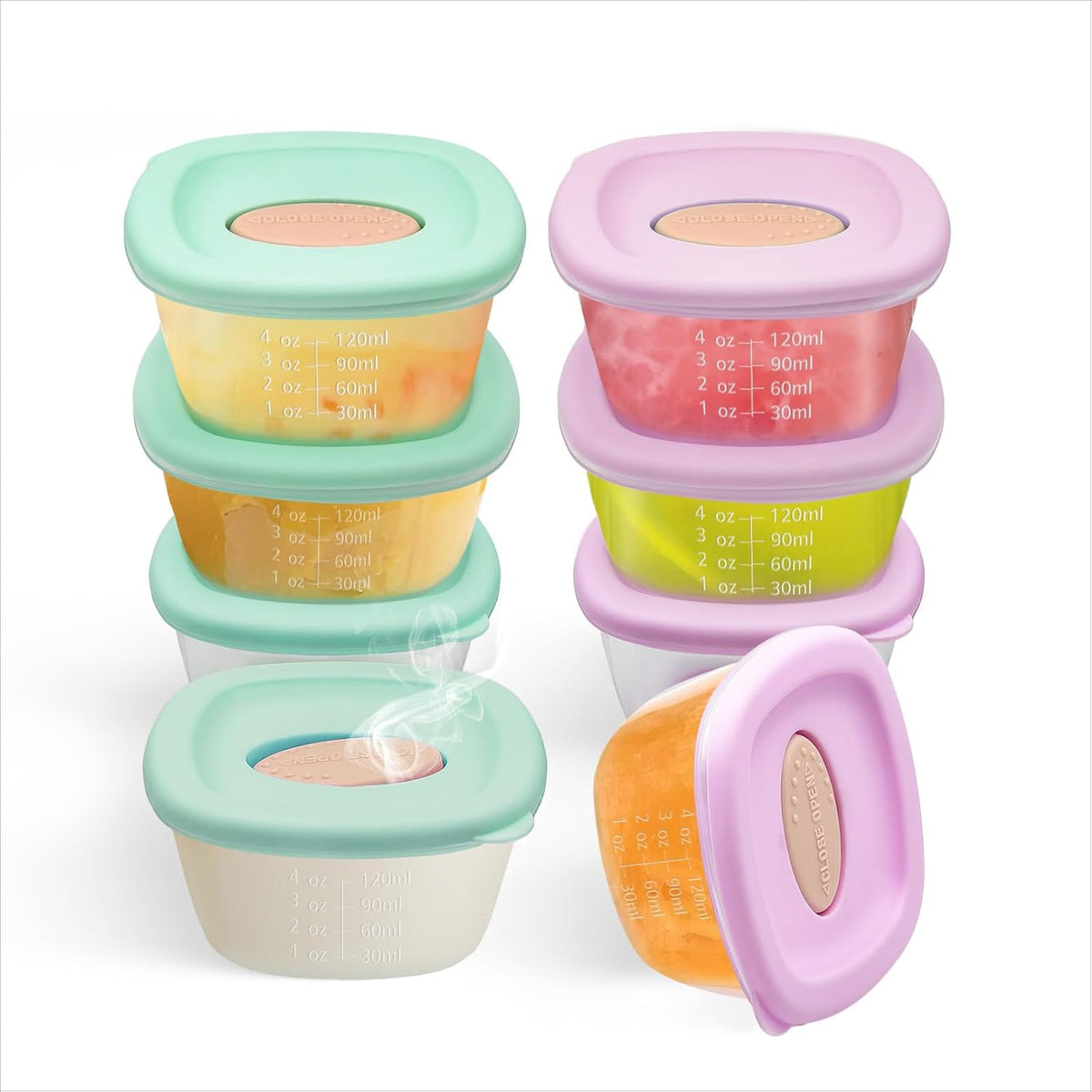 8 Pack Baby Food Storage Containers 4 oz, Baby Silicone Food Jars with Ventilation Valve, Snack Containers with Leak Proof Sealing Lid Microwave Safe, Suitablefor Nurseries, Schools and Travel