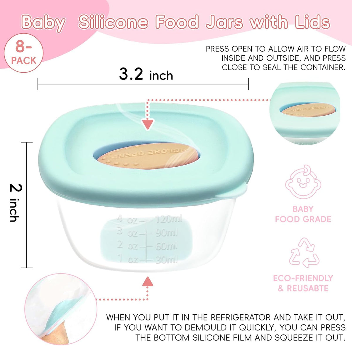 8 Pack Baby Food Storage Containers 4 oz, Baby Silicone Food Jars with Ventilation Valve, Snack Containers with Leak Proof Sealing Lid Microwave Safe, Suitablefor Nurseries, Schools and Travel