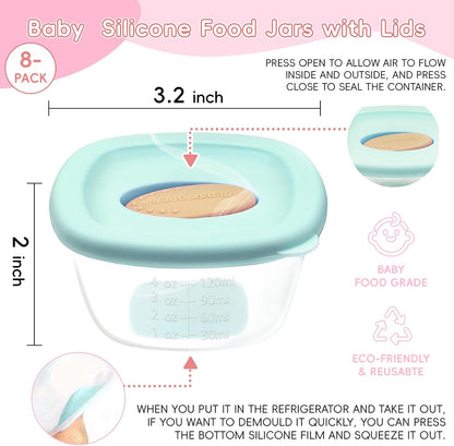 8 Pack Baby Food Storage Containers 4 oz, Baby Silicone Food Jars with Ventilation Valve, Snack Containers with Leak Proof Sealing Lid Microwave Safe, Suitablefor Nurseries, Schools and Travel