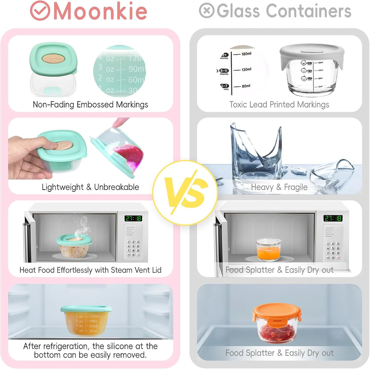 8 Pack Baby Food Storage Containers 4 oz, Baby Silicone Food Jars with Ventilation Valve, Snack Containers with Leak Proof Sealing Lid Microwave Safe, Suitablefor Nurseries, Schools and Travel