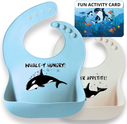 Beachy Sea Life Silicone Bibs for Babies - 2 Pack Sea Life Bibs for Boys and Girls - Easy to Clean Adjustable