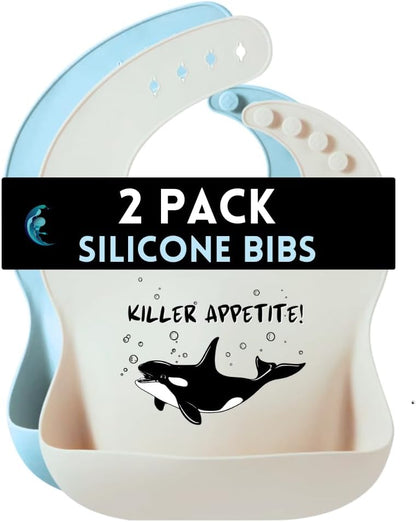 Beachy Sea Life Silicone Bibs for Babies - 2 Pack Sea Life Bibs for Boys and Girls - Easy to Clean Adjustable
