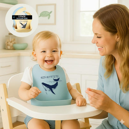 Beachy Sea Life Silicone Bibs for Babies - 2 Pack Sea Life Bibs for Boys and Girls - Easy to Clean Adjustable