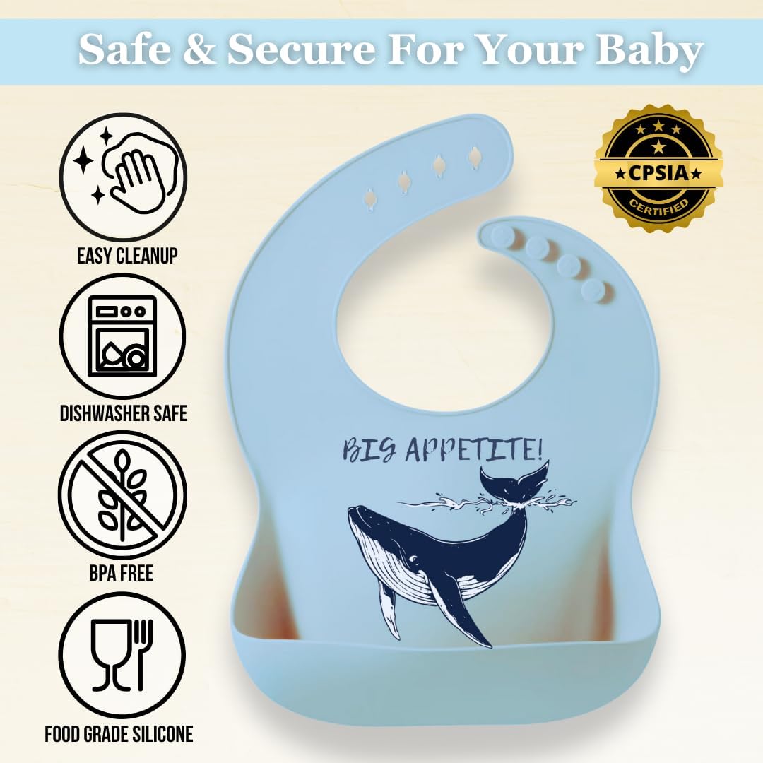 Beachy Sea Life Silicone Bibs for Babies - 2 Pack Sea Life Bibs for Boys and Girls - Easy to Clean Adjustable