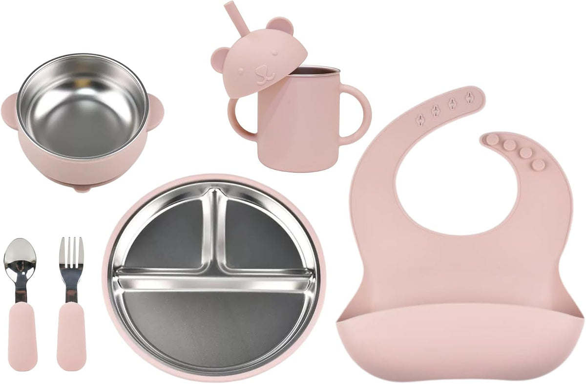 Stainless Steel Baby Feeding Set (6-Piece) – Suction Plate & Bowl, Straw Cup, Spoon, Fork & Bib – Non-Toxic, BPA-Free, Durable Set for Starting Solids, Essentials for Babies & Toddlers (Cream)