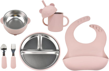 Stainless Steel Baby Feeding Set (6-Piece) – Suction Plate & Bowl, Straw Cup, Spoon, Fork & Bib – Non-Toxic, BPA-Free, Durable Set for Starting Solids, Essentials for Babies & Toddlers (Cream)