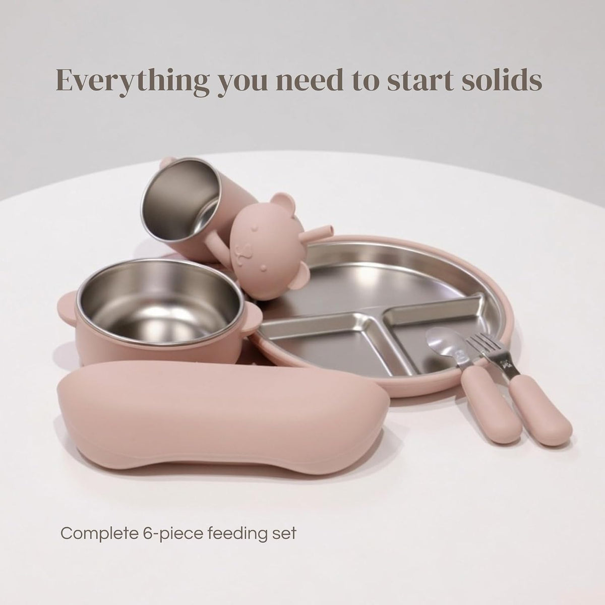 Stainless Steel Baby Feeding Set (6-Piece) – Suction Plate & Bowl, Straw Cup, Spoon, Fork & Bib – Non-Toxic, BPA-Free, Durable Set for Starting Solids, Essentials for Babies & Toddlers (Cream)