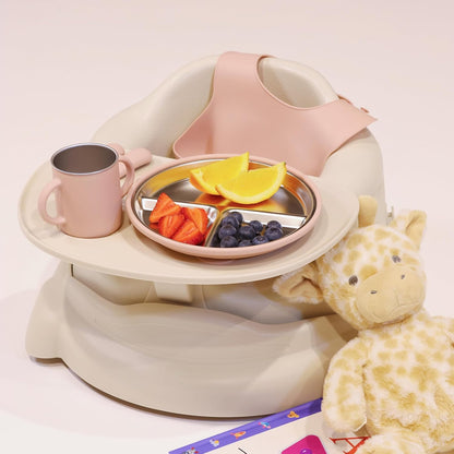 Stainless Steel Baby Feeding Set (6-Piece) – Suction Plate & Bowl, Straw Cup, Spoon, Fork & Bib – Non-Toxic, BPA-Free, Durable Set for Starting Solids, Essentials for Babies & Toddlers (Cream)