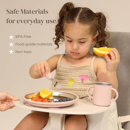 Stainless Steel Baby Feeding Set (6-Piece) – Suction Plate & Bowl, Straw Cup, Spoon, Fork & Bib – Non-Toxic, BPA-Free, Durable Set for Starting Solids, Essentials for Babies & Toddlers (Cream)
