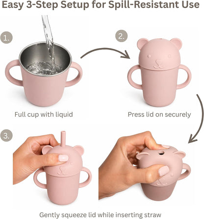 Stainless Steel Baby Feeding Set (6-Piece) – Suction Plate & Bowl, Straw Cup, Spoon, Fork & Bib – Non-Toxic, BPA-Free, Durable Set for Starting Solids, Essentials for Babies & Toddlers (Cream)